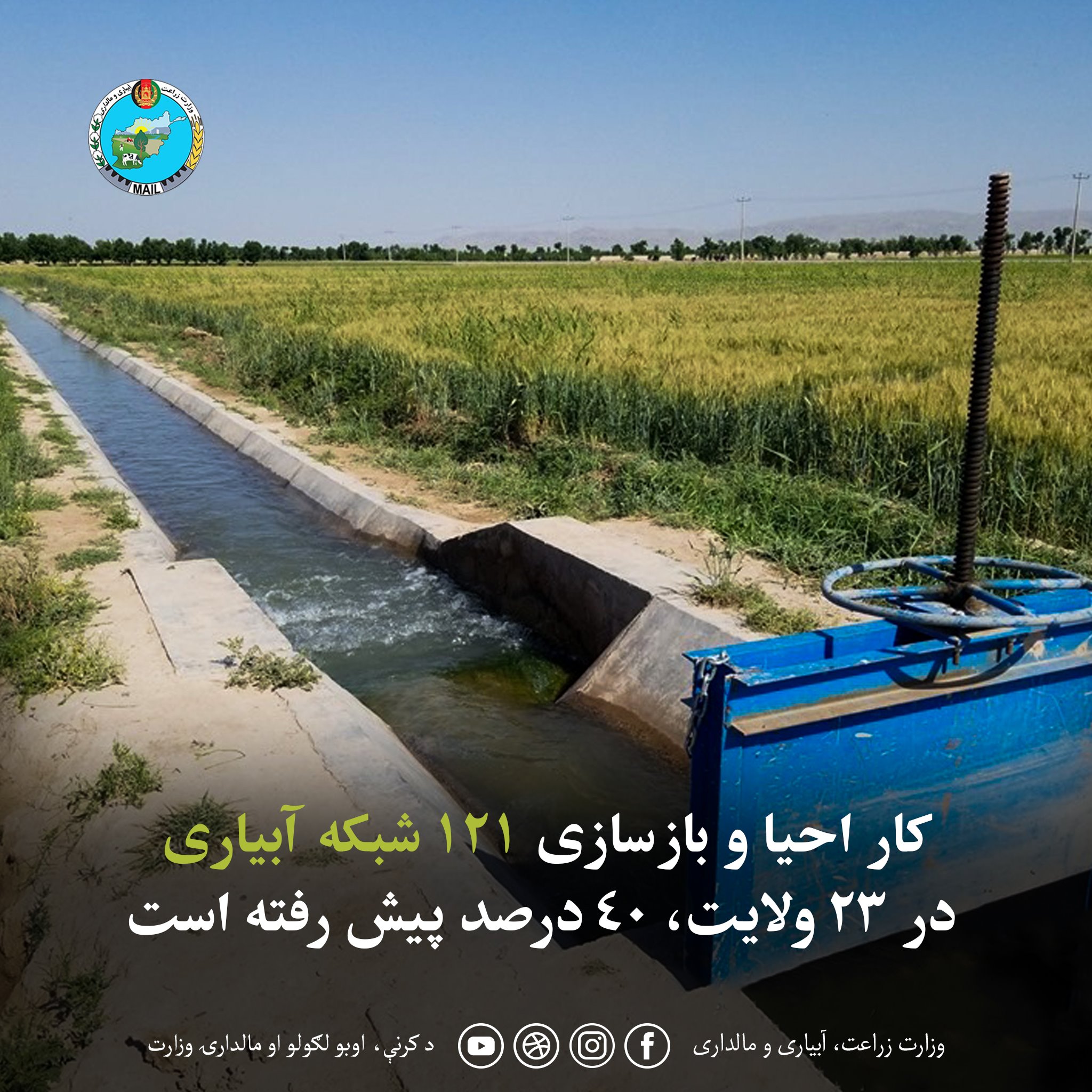 کار احیا و بازسازی ۱۲۱ شبکه آبیاری در ۲۳ ولایت، ۴۰ درصد پیش رفته است