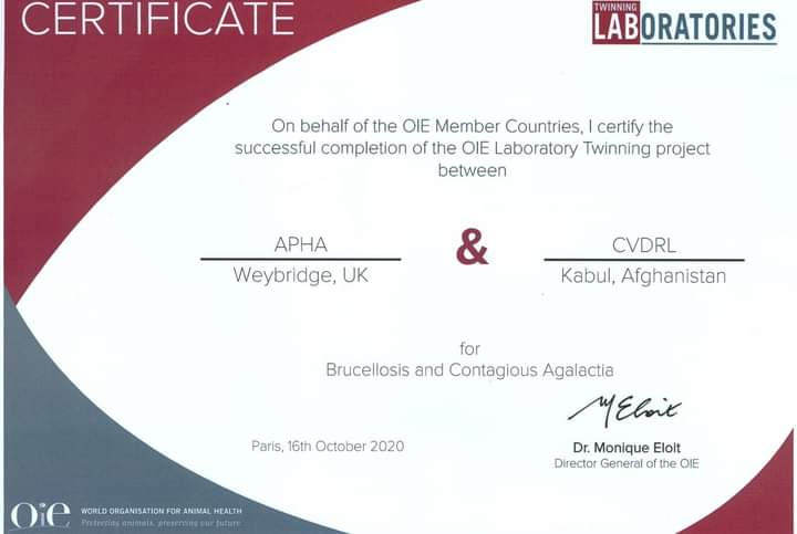 World Organization for Animal Health (OIE) has issued an International Certificate to the Animal Health Laboratory of the Ministry of Agriculture