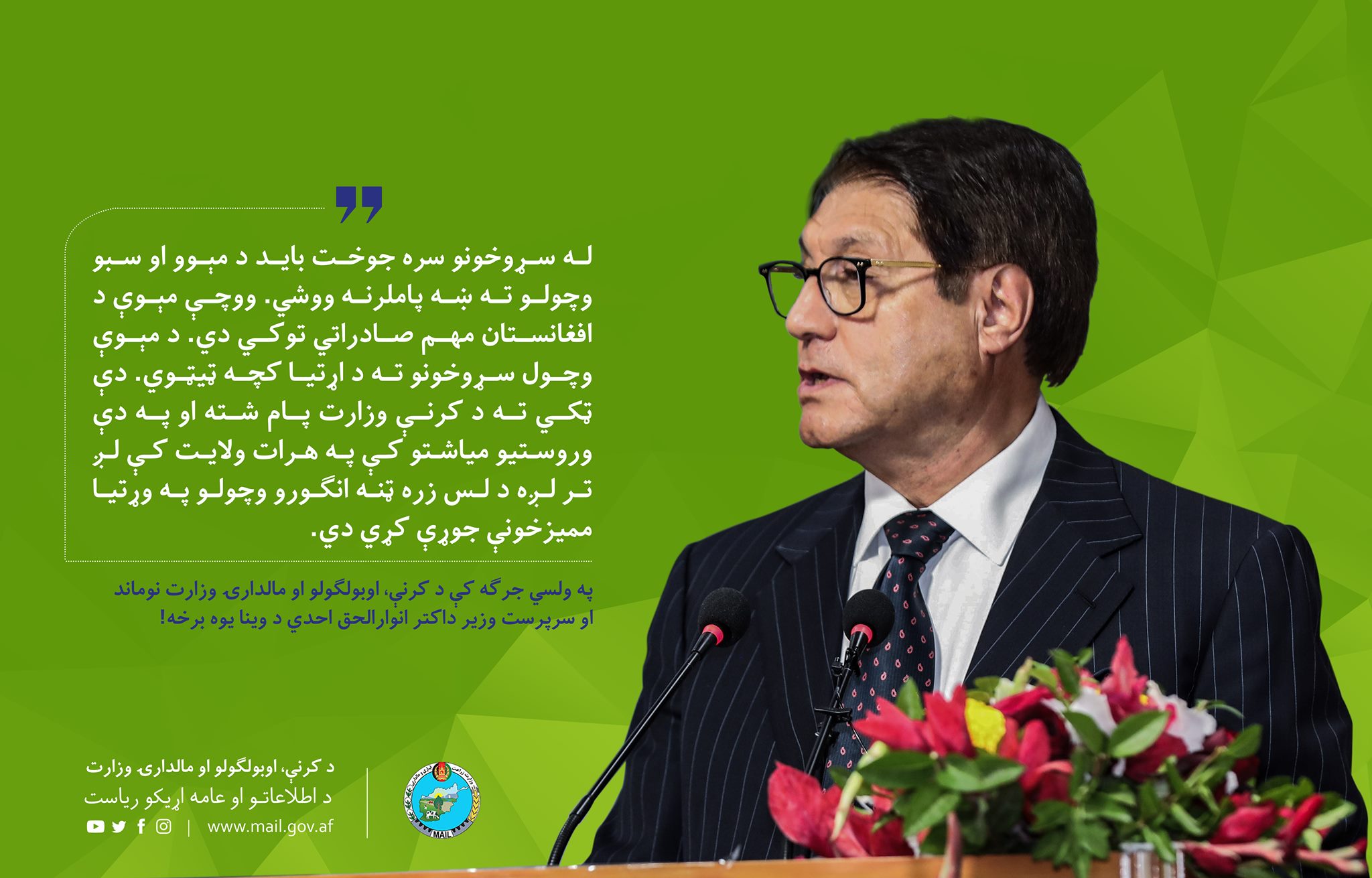 په ولسي جرګه کې د کرنې، اوبولګولو او مالدارۍ وزارت نوماند او سرپرست وزیر داکتر انوارالحق احدي د وینا یوه برخه!