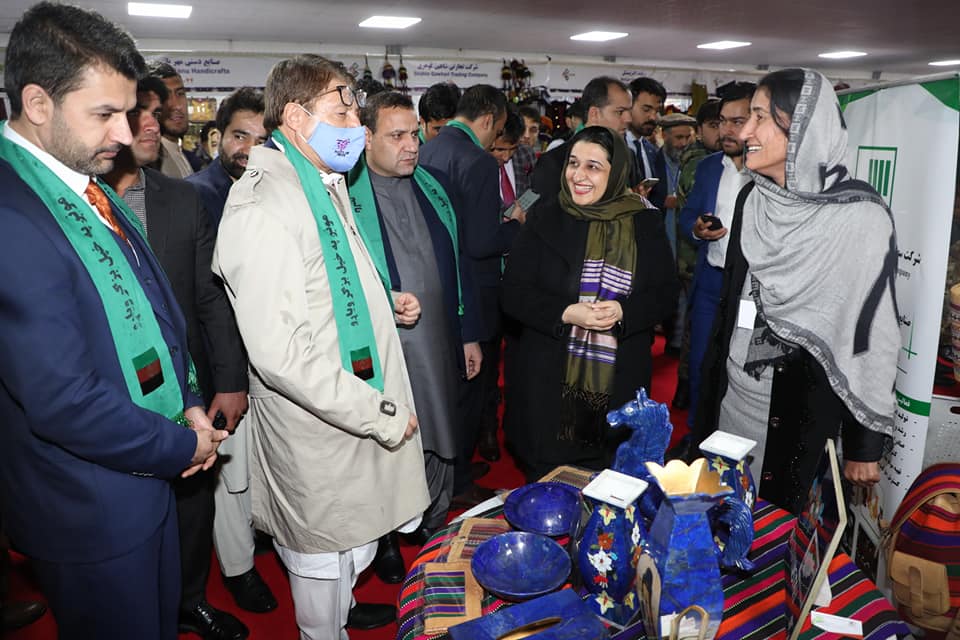 دکرنې، اوبولګولو او مالدارۍ وزير ډاکټر انوارالحق احدي او د ښځو چارو وزيره حسينه صافۍ د بادام باغ کرنيز نندارتون کې د ښځو د لاسي صنايعو غرفو څخه ليدنه وکړه.