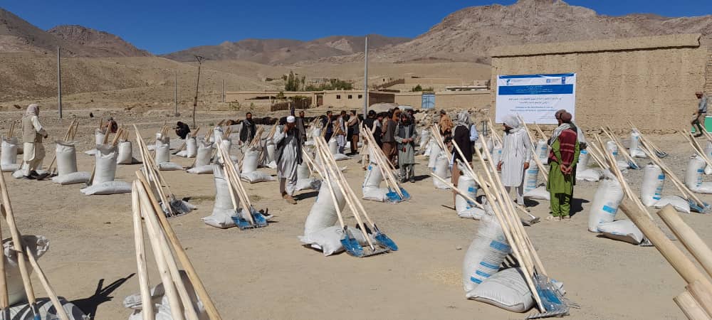 میدان وردګو ولایت کې پر یوشمېر بزګرانو د غنمو اصلاح شوي تخمونه او کیمیاوی سرې ووېشل شول