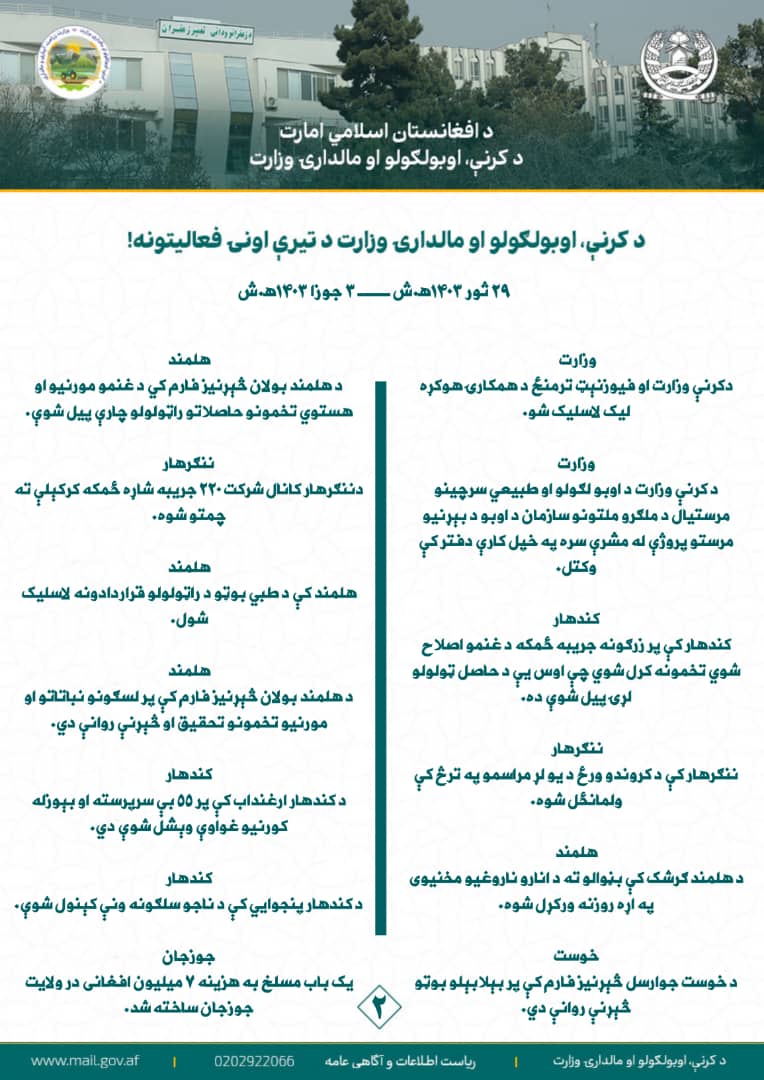 د کرنې، اوبولګولو او مالدارۍ وزارت د تیرې اونۍ مهم فعالیتونه!