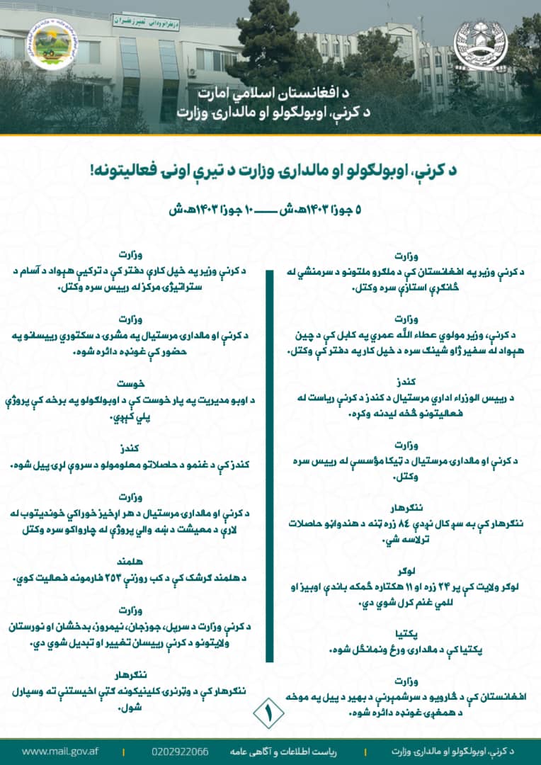 د کرنې، اوبولګولو او مالدارۍ وزارت د تیرې اونۍ مهم فعالیتونه!