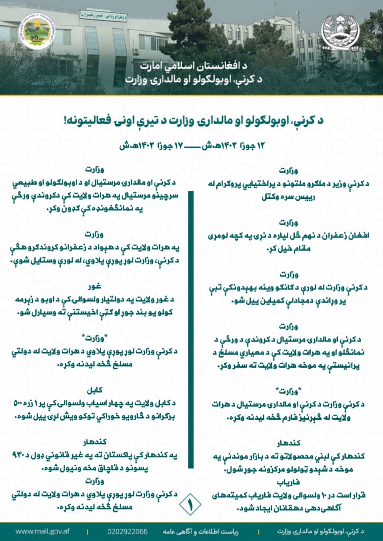 د کرنې، اوبولګولو او مالدارۍ وزارت د تیرې اونۍ مهم فعالیتونه!