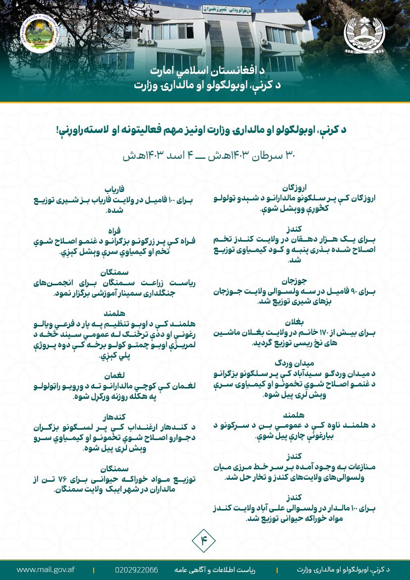 د کرنې، اوبولګولو او مالدارۍ وزارت اونیز مهم فعالیتونه او  لاسته‌راوړنې!