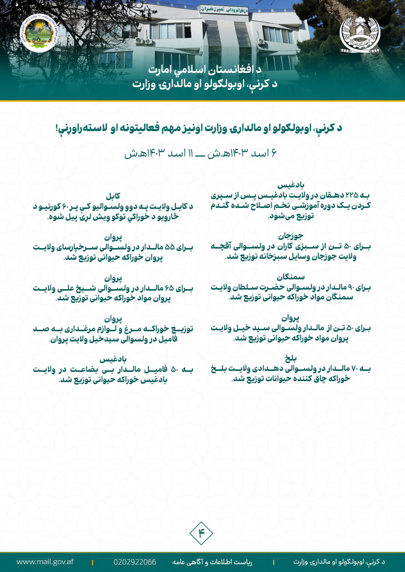 د کرنې، اوبولګولو او مالدارۍ وزارت اونیز مهم فعالیتونه او لاسته‌راوړنې!