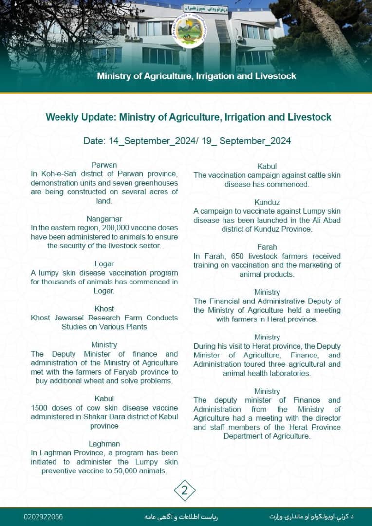 Weekly Update: Ministry of Agriculture, Irrigation and Livestock