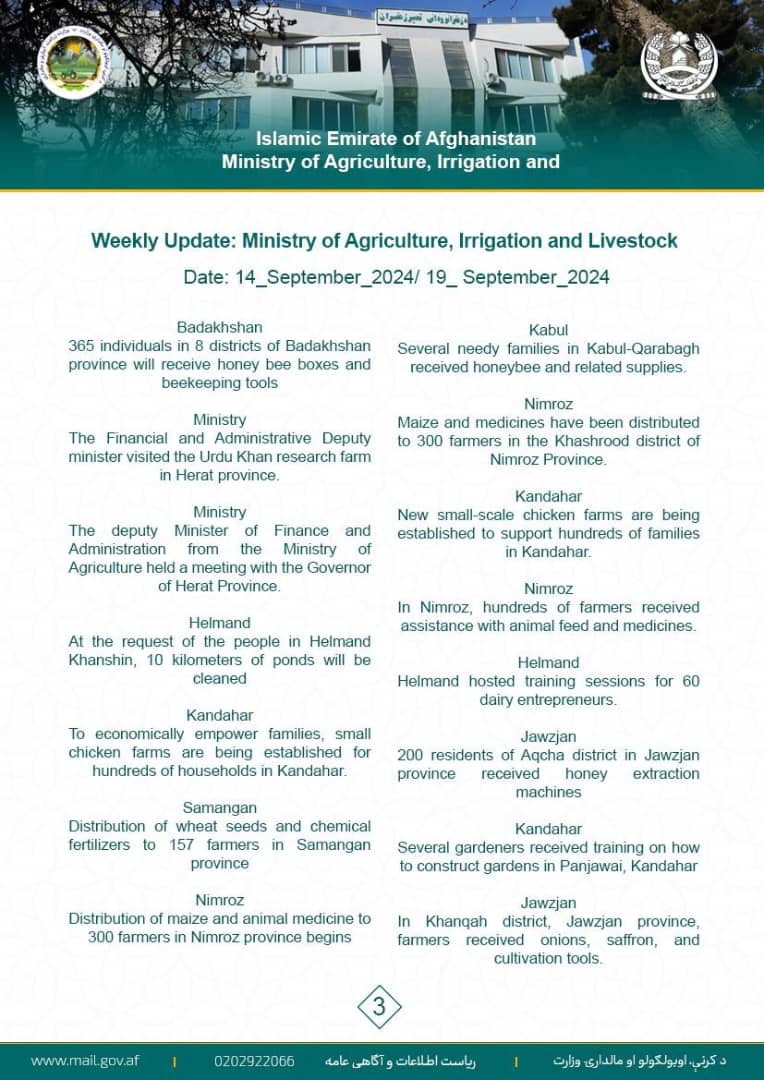 Weekly Update: Ministry of Agriculture, Irrigation and Livestock