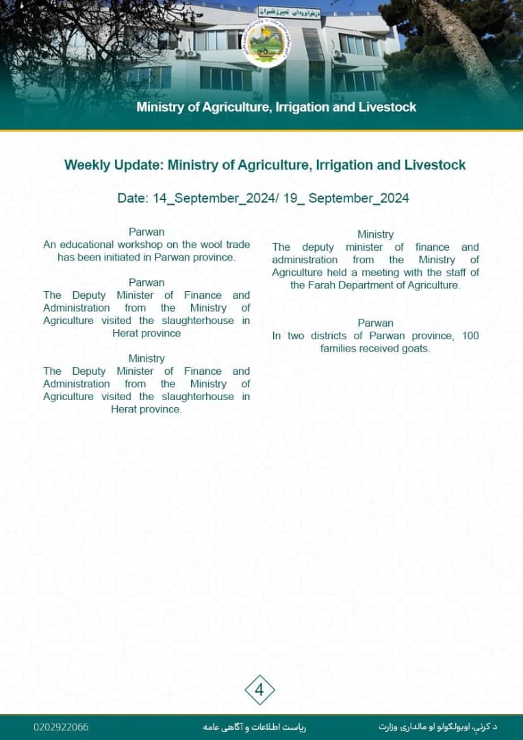 Weekly Update: Ministry of Agriculture, Irrigation and Livestock