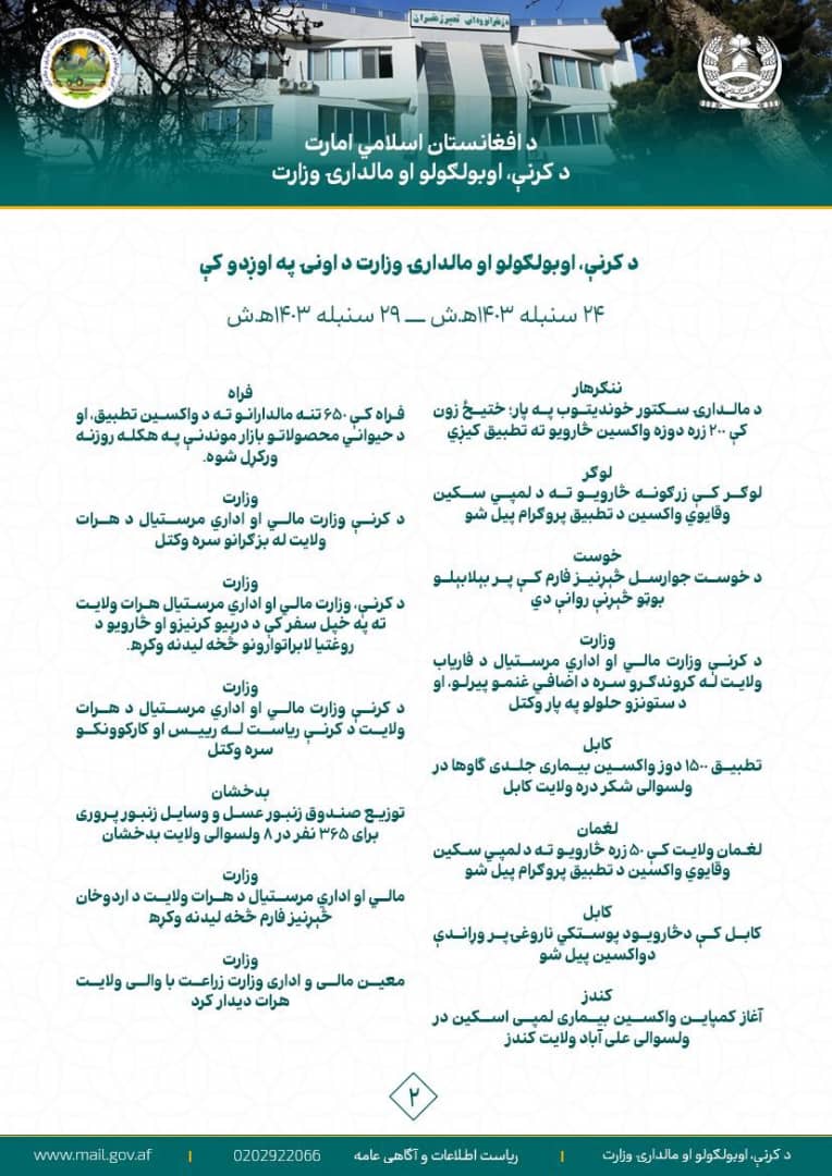 د کرنې، اوبولګولو او مالدارۍ وزارت د اونۍ په اوږدو کې