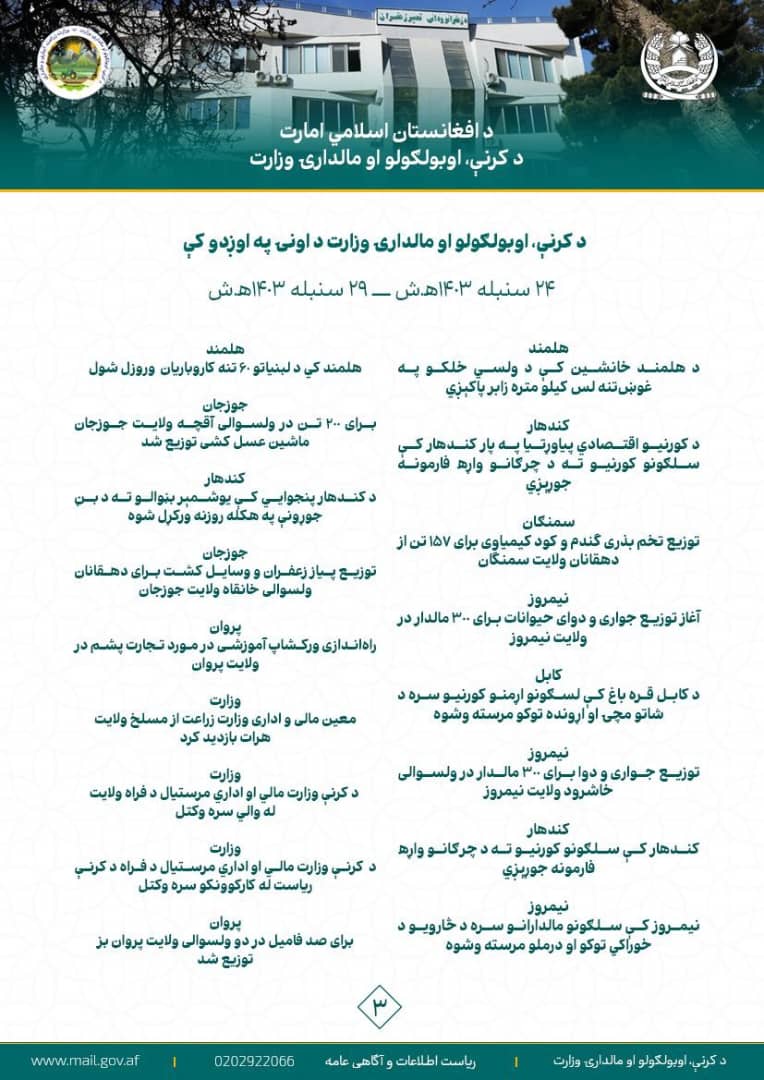 د کرنې، اوبولګولو او مالدارۍ وزارت د اونۍ په اوږدو کې