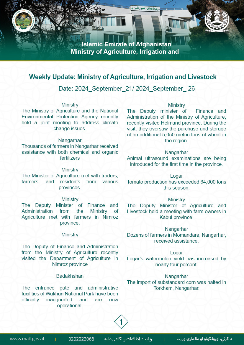 Weekly Update: Ministry of Agriculture, Irrigation and Livestock