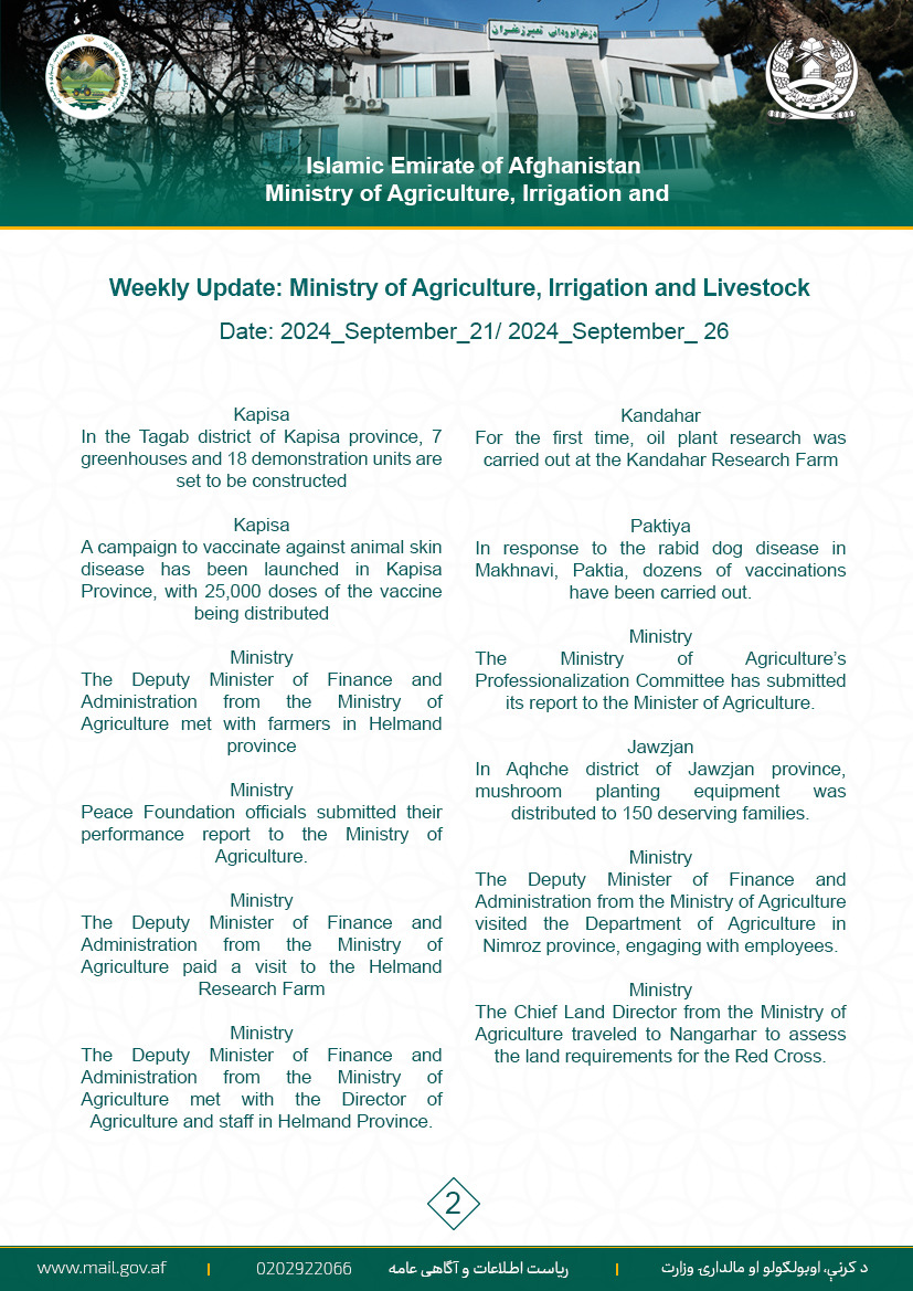 Weekly Update: Ministry of Agriculture, Irrigation and Livestock