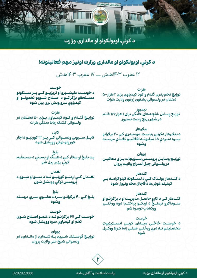 د کرنې، اوبولګولو او مالدارۍ وزارت اونیز مهم فعالیتونه!