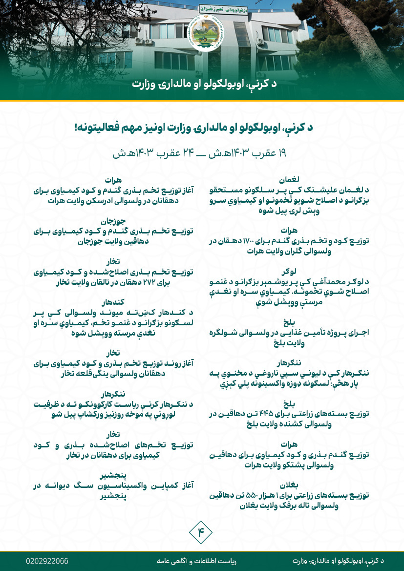 د کرنې، اوبولګولو او مالدارۍ وزارت اونیز مهم فعالیتونه!