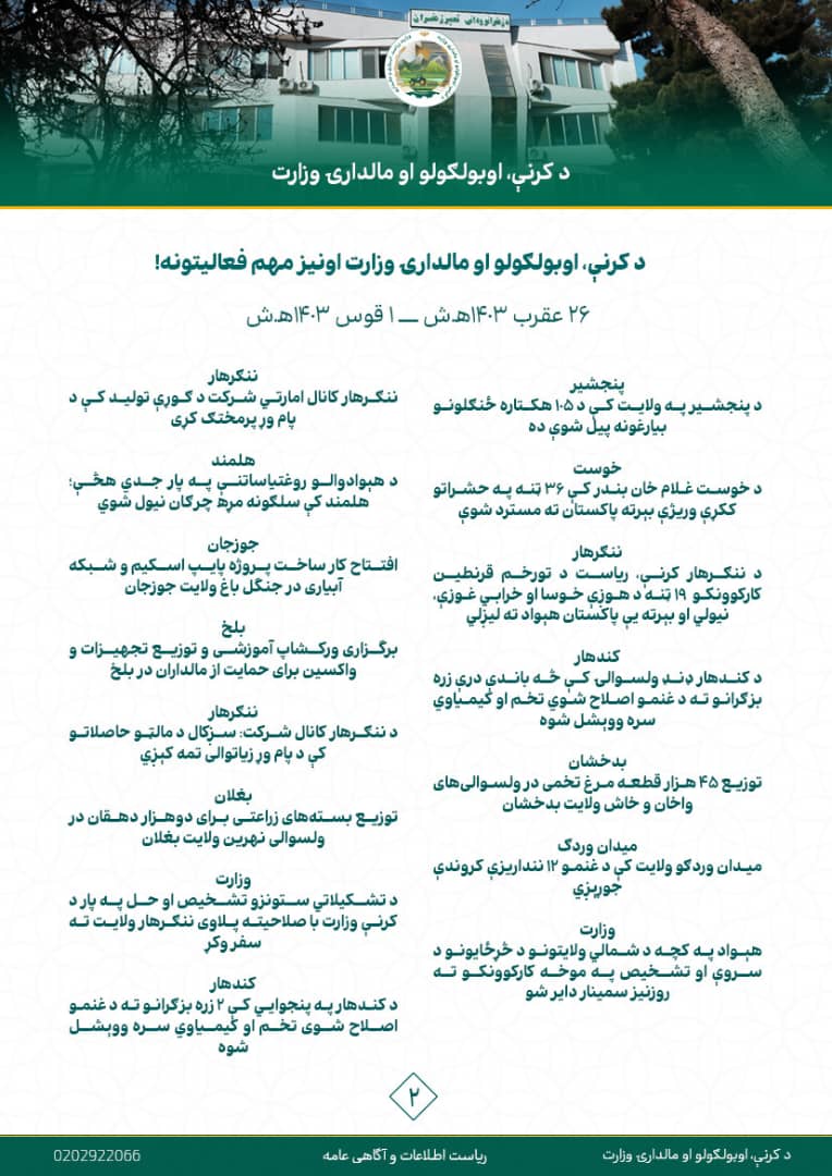 د کرنې، اوبولګولو او مالدارۍ وزارت د اونۍ په اوږدو کې