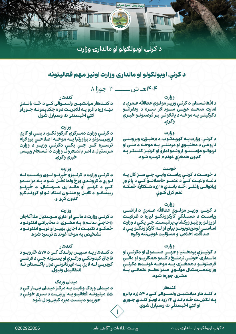 فعالیت های مهم هفتوار وزارت زراعت، آبیاری و مالداری!