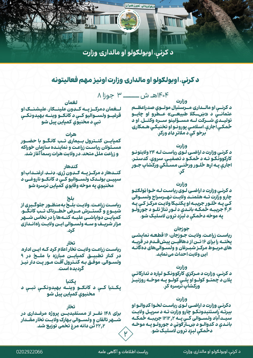 فعالیت های مهم هفتوار وزارت زراعت، آبیاری و مالداری!