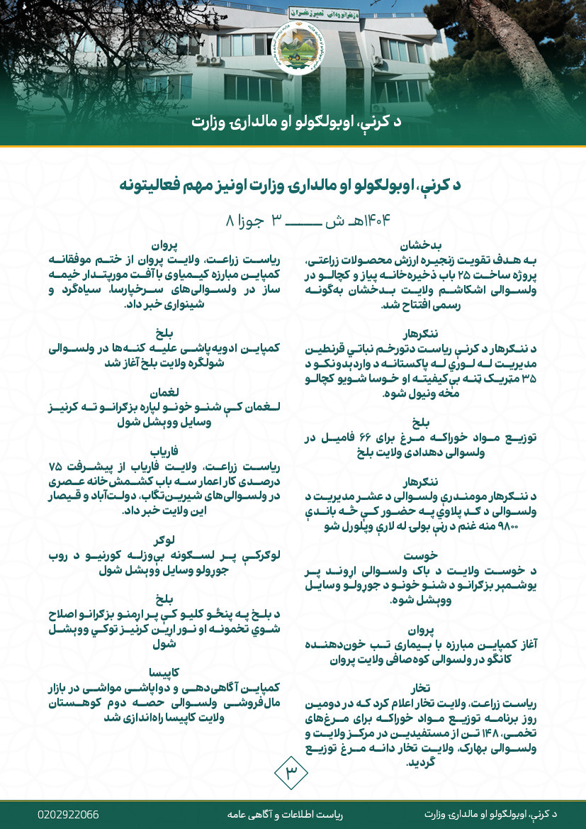فعالیت های مهم هفتوار وزارت زراعت، آبیاری و مالداری!