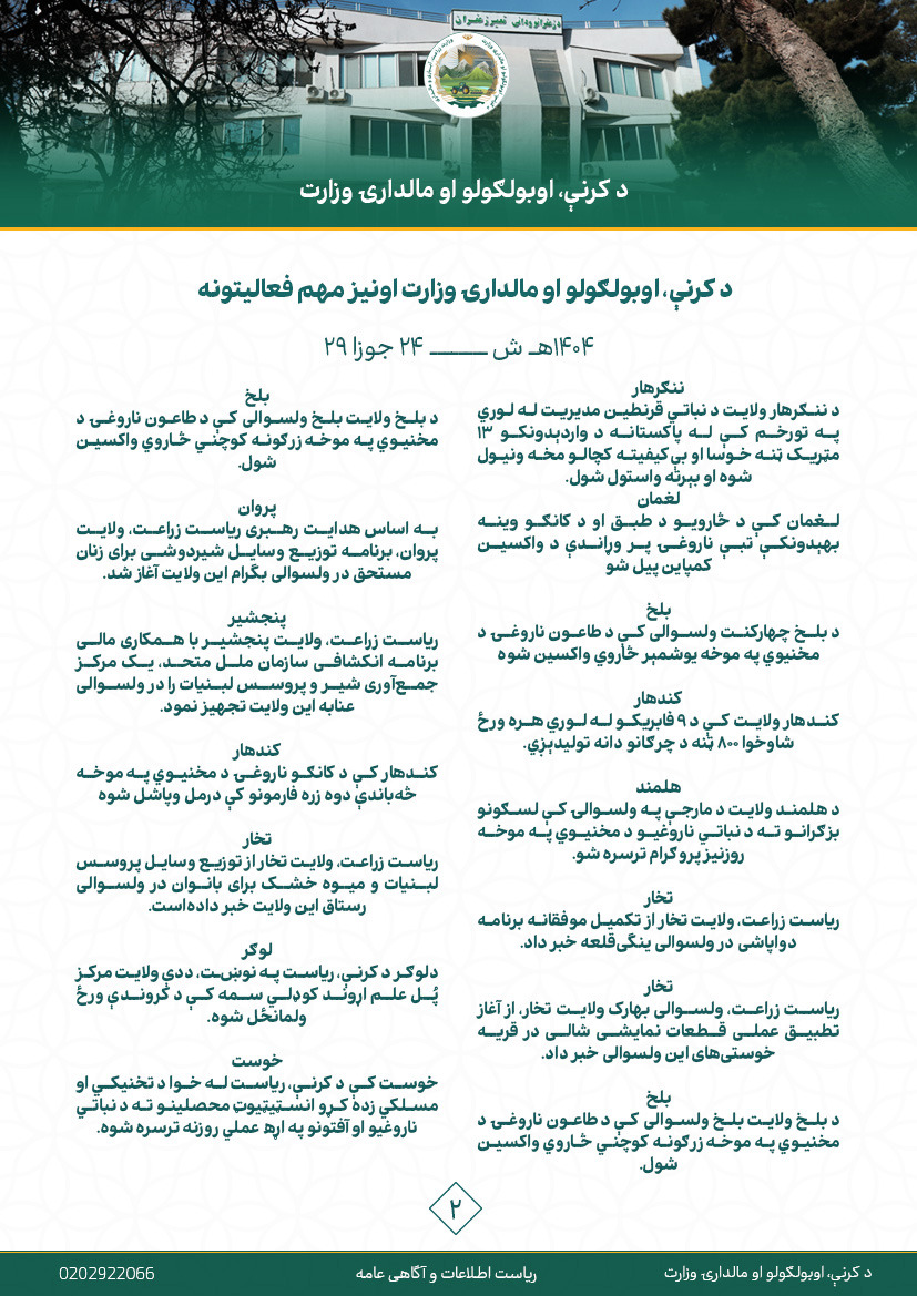 فعالیت های مهم هفتوار وزارت زراعت، آبیاری و مالداری!