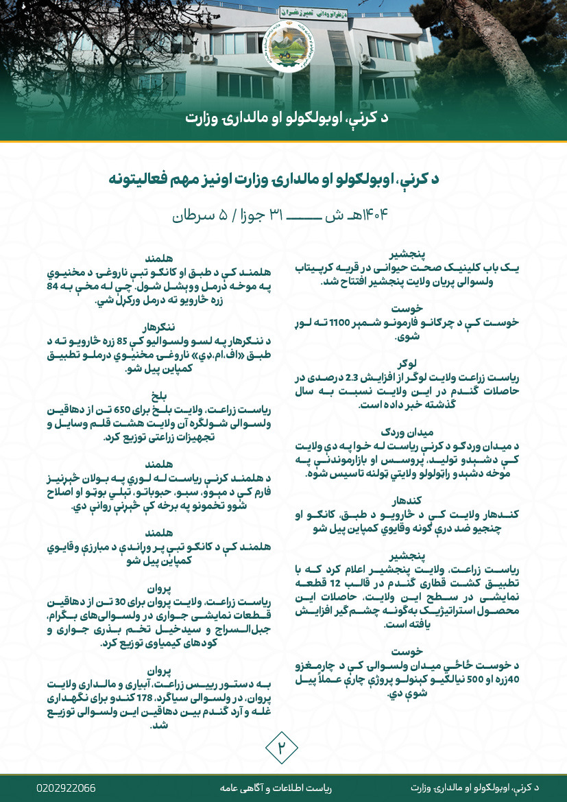 د کرنې، اوبولګولو او مالدارۍ وزارت د اونۍ په اوږدو کې