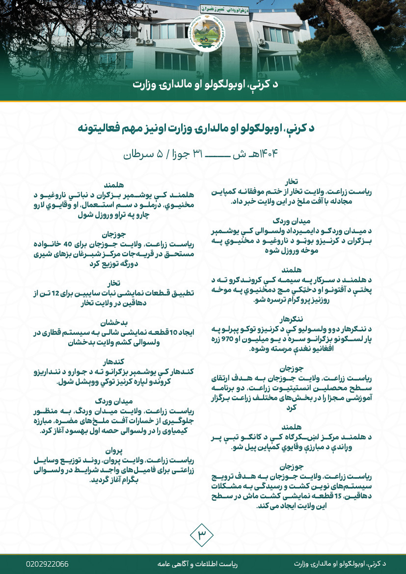 د کرنې، اوبولګولو او مالدارۍ وزارت د اونۍ په اوږدو کې