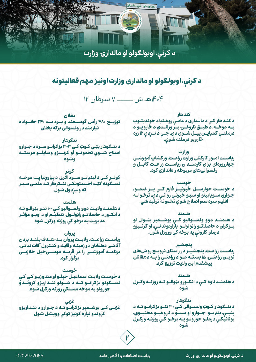 فعالیت های مهم هفتوار وزارت زراعت، آبیاری و مالداری!