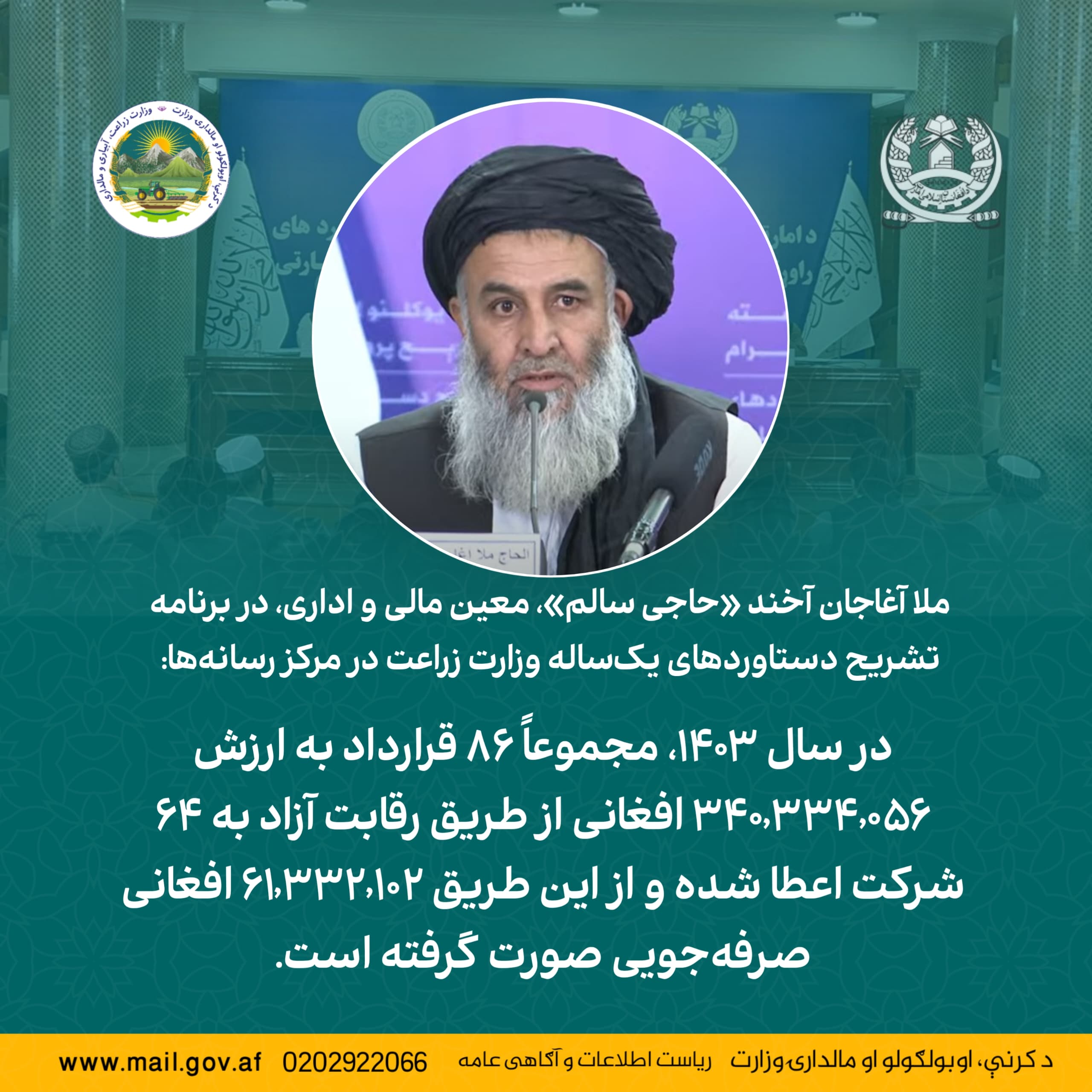 ملا آغاجان آخند «حاجی سالم»، معین مالی و اداری، در برنامه تشریح دستاوردهای یک‌ساله وزارت زراعت در مرکز رسانه‌ها: