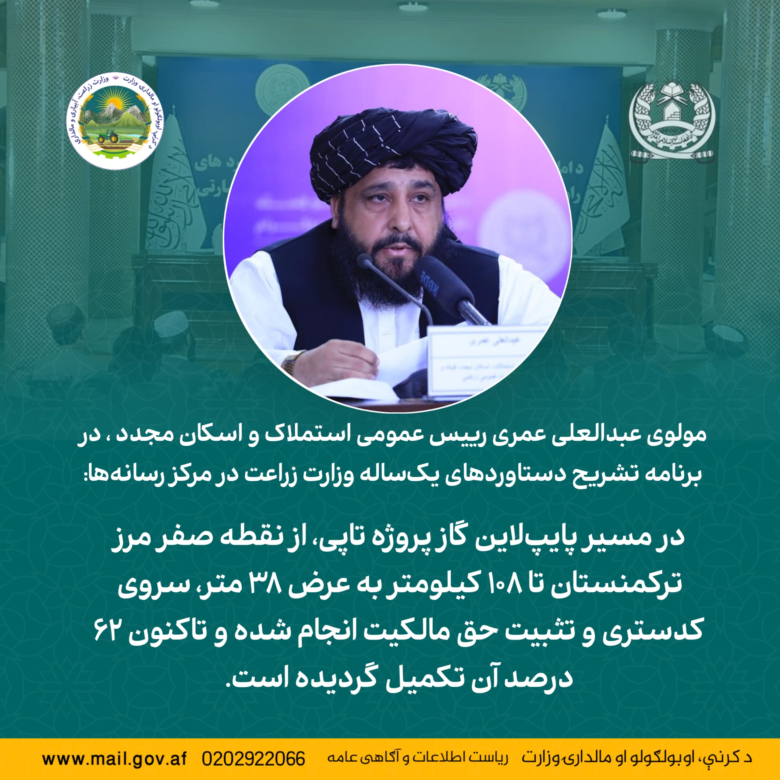 مولوی عبدالعلی عمری رییس عمومی استملاک و اسکان مجدد ، در برنامه تشریح دستاوردهای یک‌ساله وزارت زراعت در مرکز رسانه‌ها: