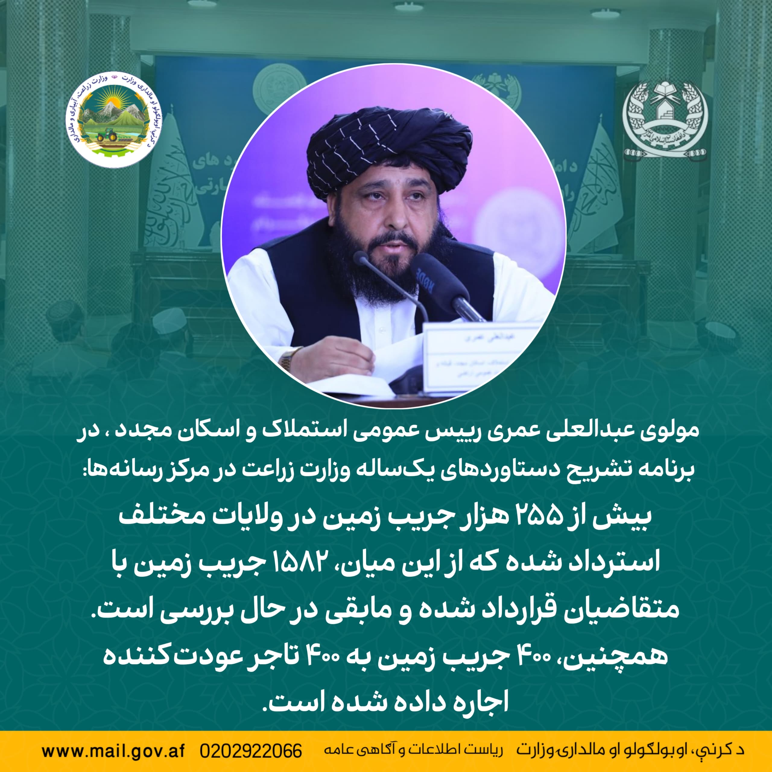 مولوی عبدالعلی عمری رییس عمومی استملاک و اسکان مجدد ، در برنامه تشریح دستاوردهای یک‌ساله وزارت زراعت در مرکز رسانه‌ها: