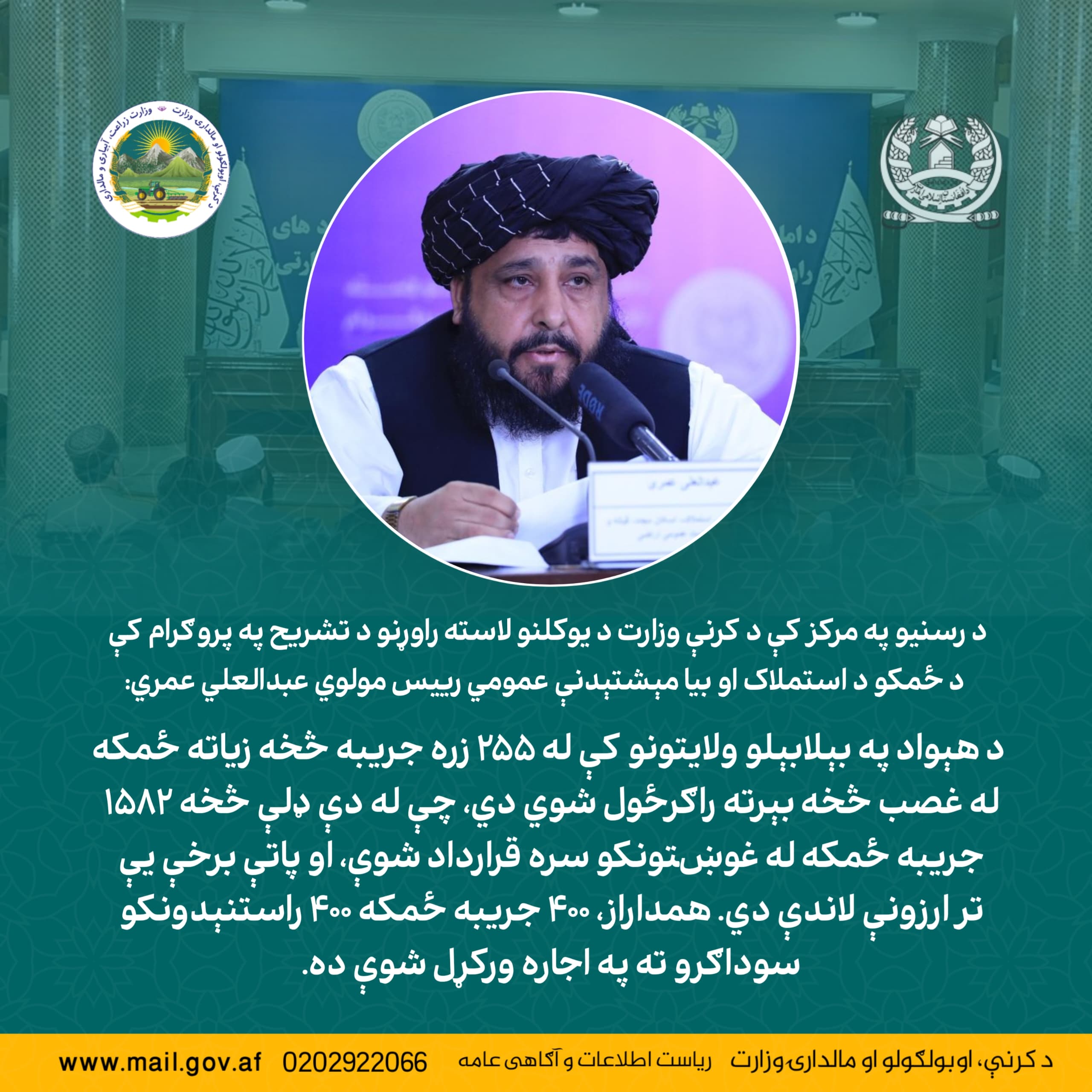 مولوی عبدالعلی عمری رییس عمومی استملاک و اسکان مجدد ، در برنامه تشریح دستاوردهای یک‌ساله وزارت زراعت در مرکز رسانه‌ها: