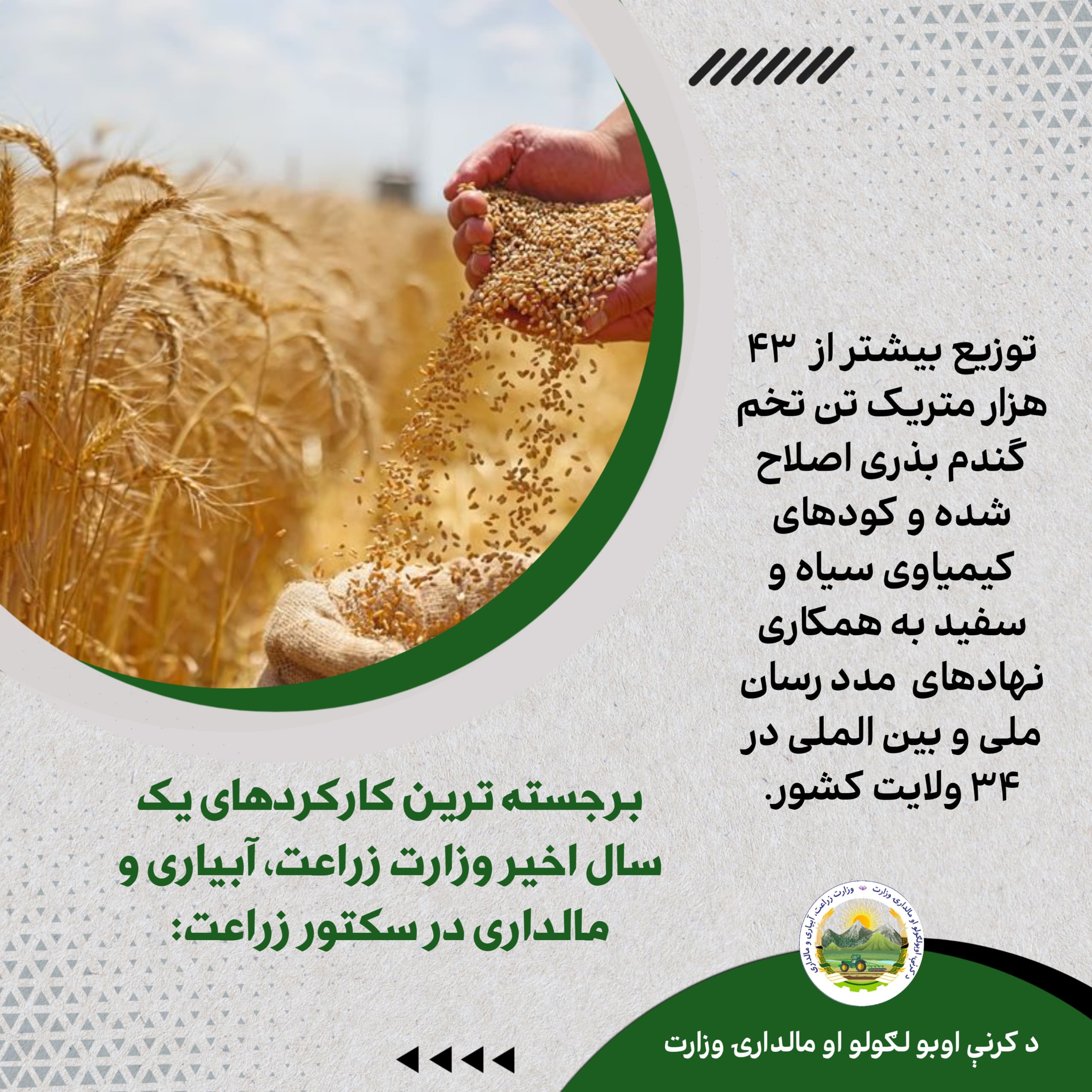 برجسته ترین کارکردهای یک سال اخیر وزارت زراعت، آبیاری و مالداری