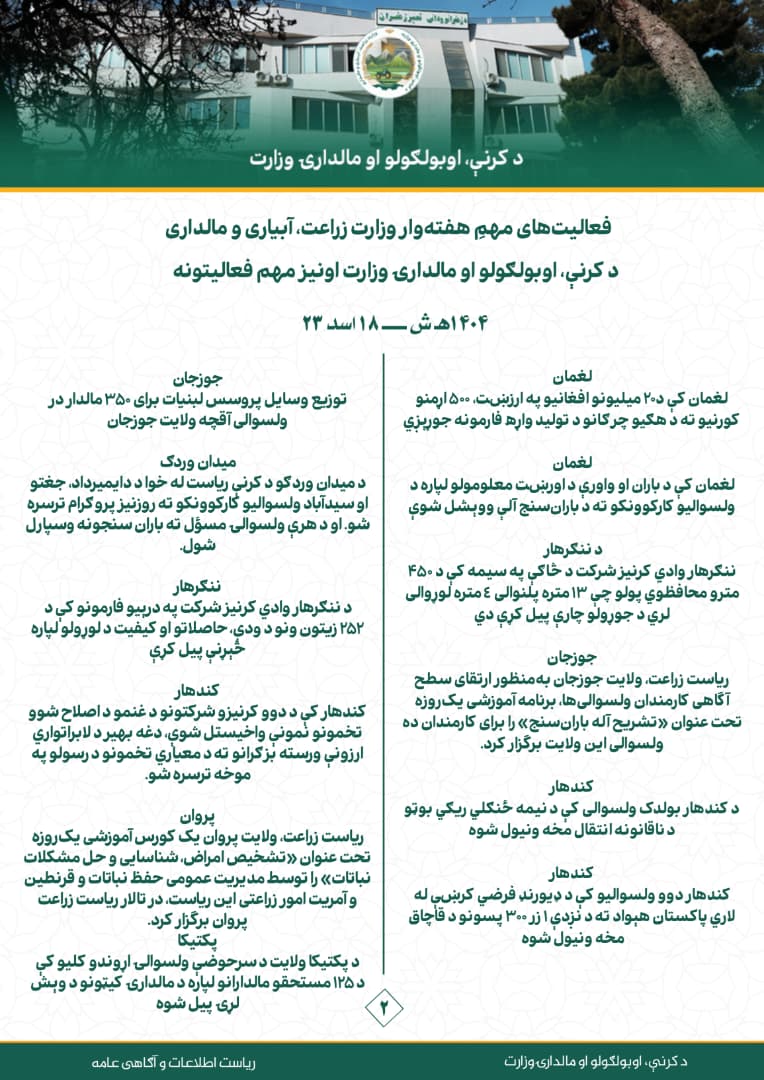 د کرنې، اوبولګولو او مالدارۍ وزارت د اونۍ په اوږدو کې