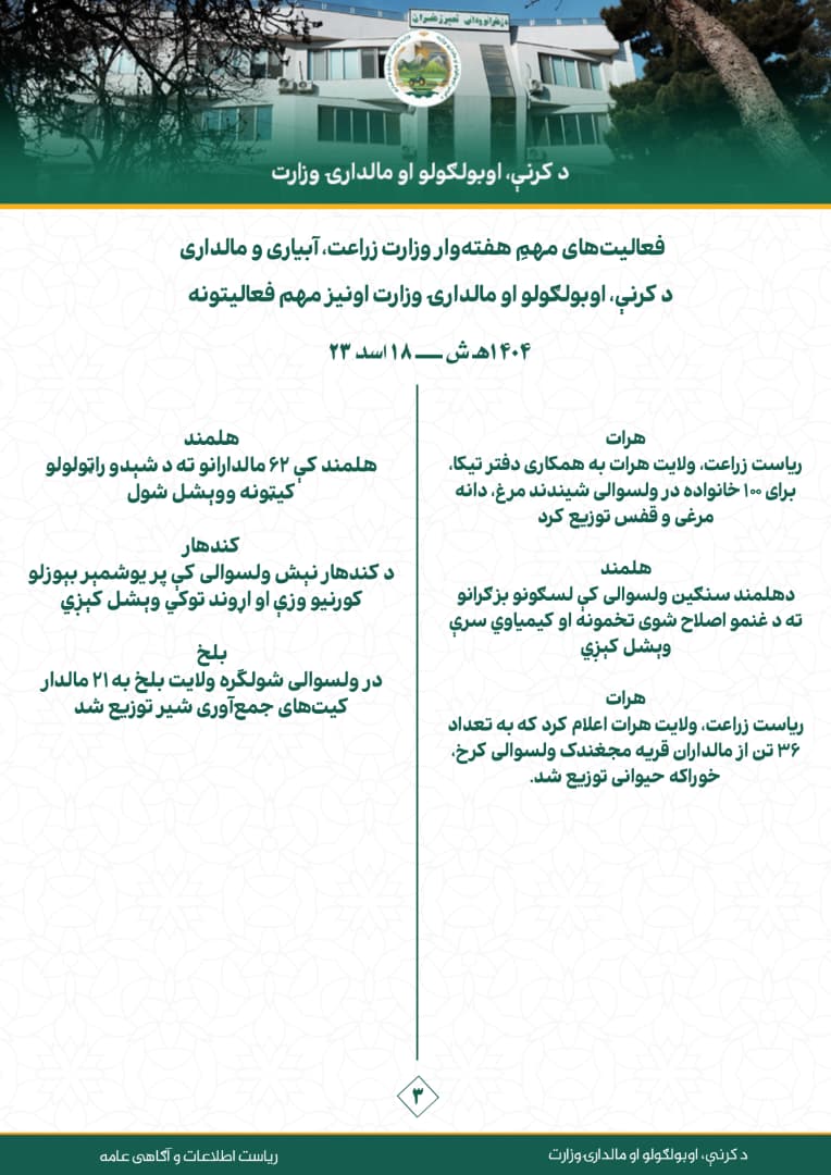 د کرنې، اوبولګولو او مالدارۍ وزارت د اونۍ په اوږدو کې