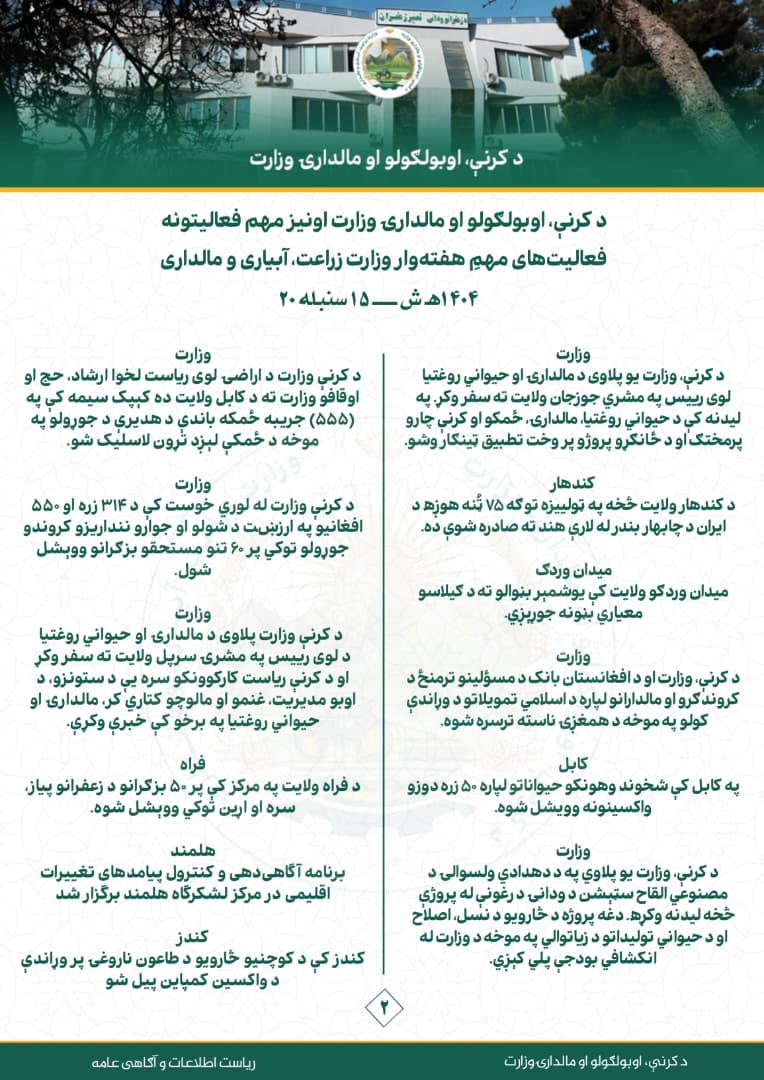 فعالیت های مهم هفتوار وزارت زراعت، آبیاری و مالداری!