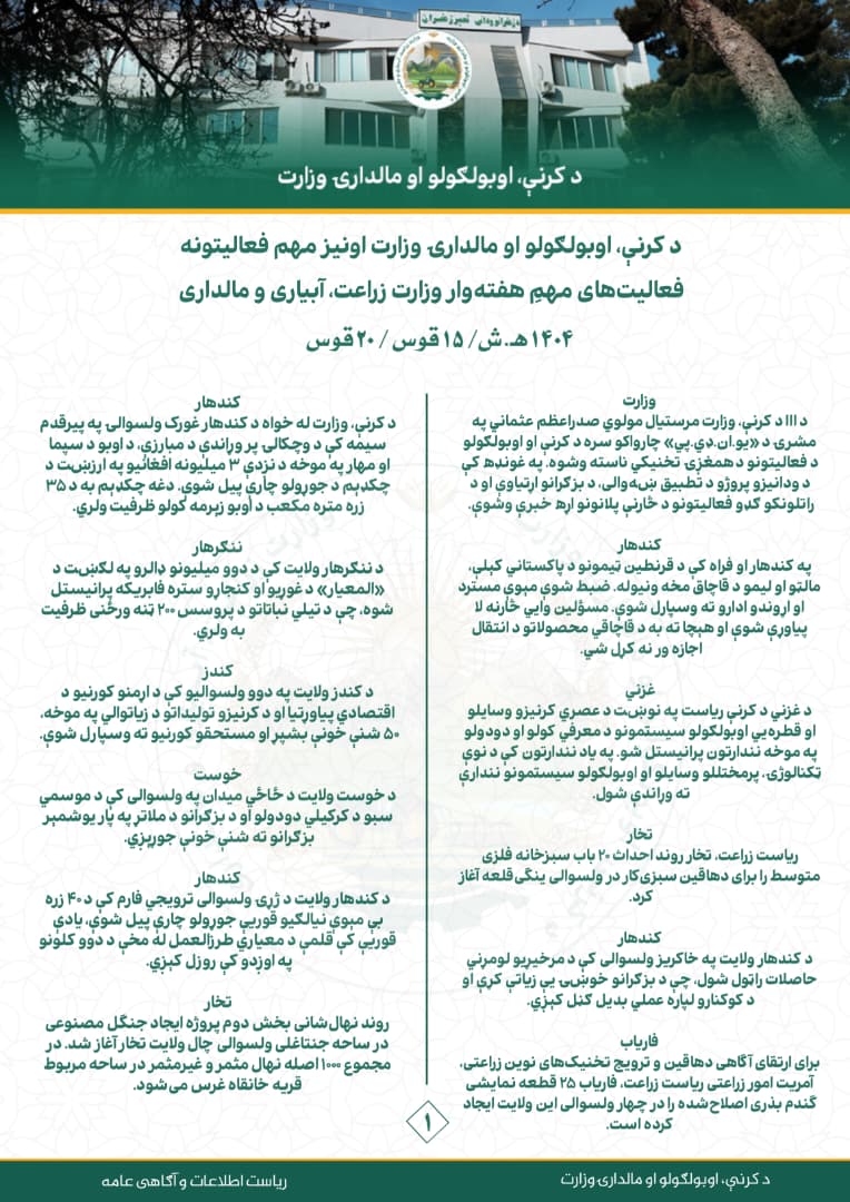 فعالیت های مهم هفتوار وزارت زراعت، آبیاری و مالداری!