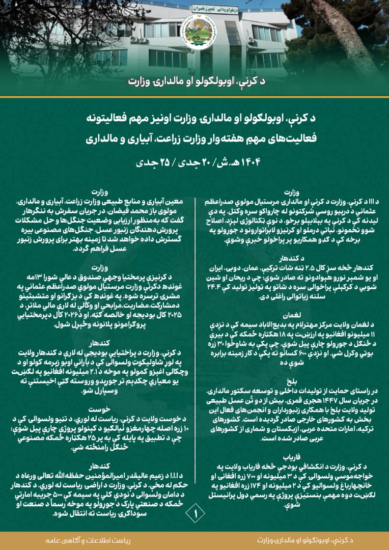 د کرنې، اوبولګولو او مالدارۍ وزارت د اونۍ په اوږدو کې