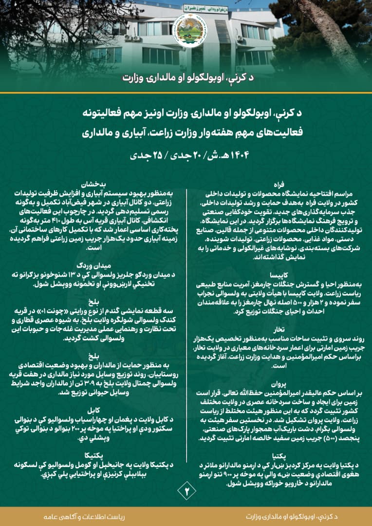 د کرنې، اوبولګولو او مالدارۍ وزارت د اونۍ په اوږدو کې