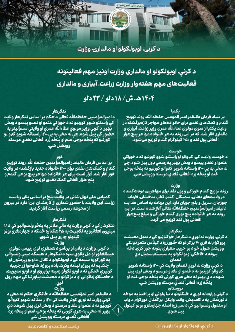 فعالیت های مهم هفتوار وزارت زراعت، آبیاری و مالداری!