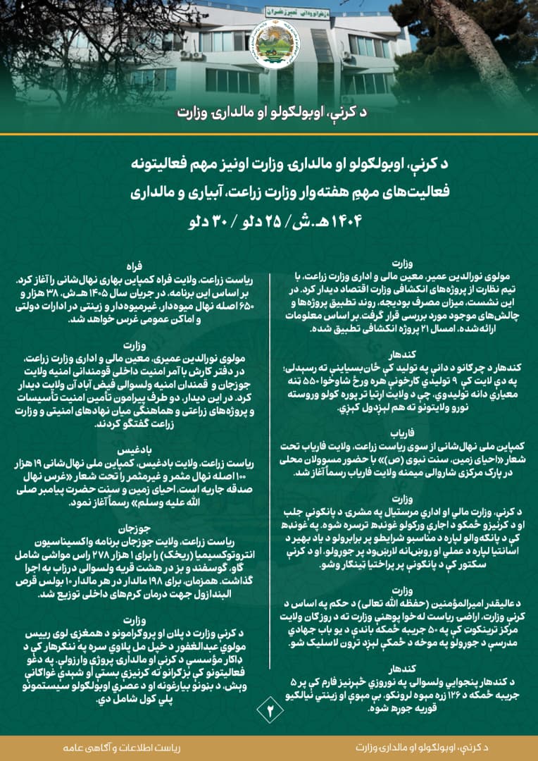 فعالیت های مهم هفتوار وزارت زراعت، آبیاری و مالداری!