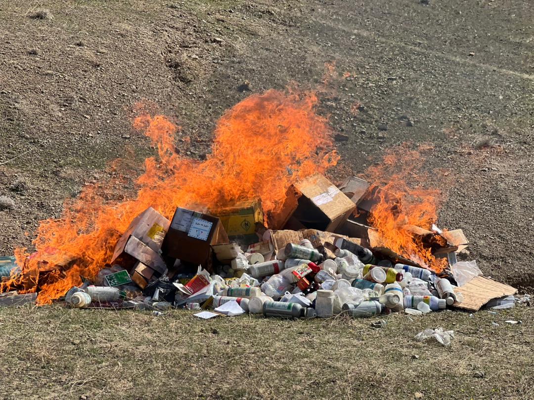 لوګر کې لسګونه قلمه بې‌کیفیته او تاریخ‌تېر حیواني درمل وسوځول شول