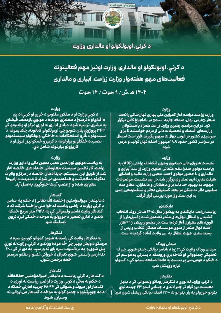 فعالیت های مهم هفتوار وزارت زراعت، آبیاری و مالداری!