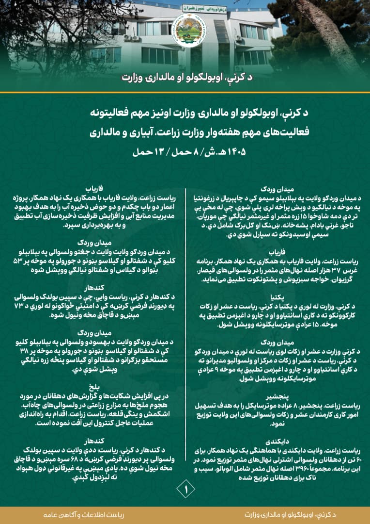 فعالیت های مهم هفتوار وزارت زراعت، آبیاری و مالداری!