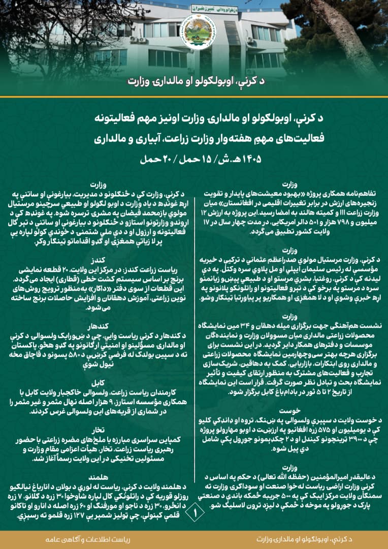 فعالیت های مهم هفتوار وزارت زراعت، آبیاری و مالداری!