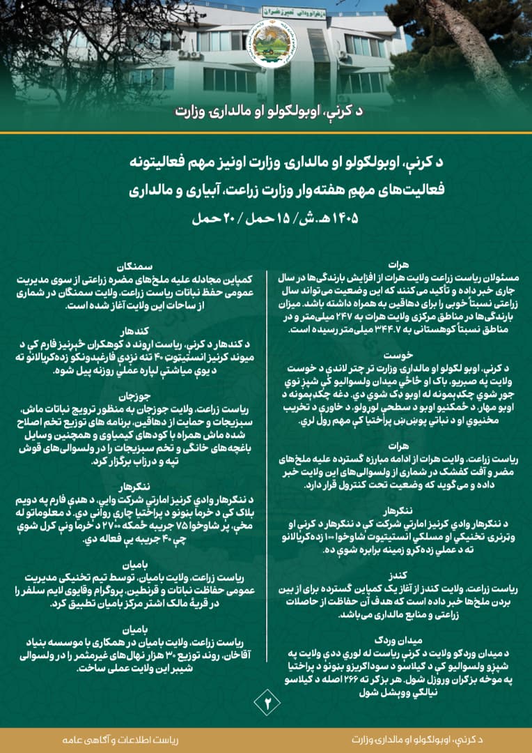 فعالیت های مهم هفتوار وزارت زراعت، آبیاری و مالداری!