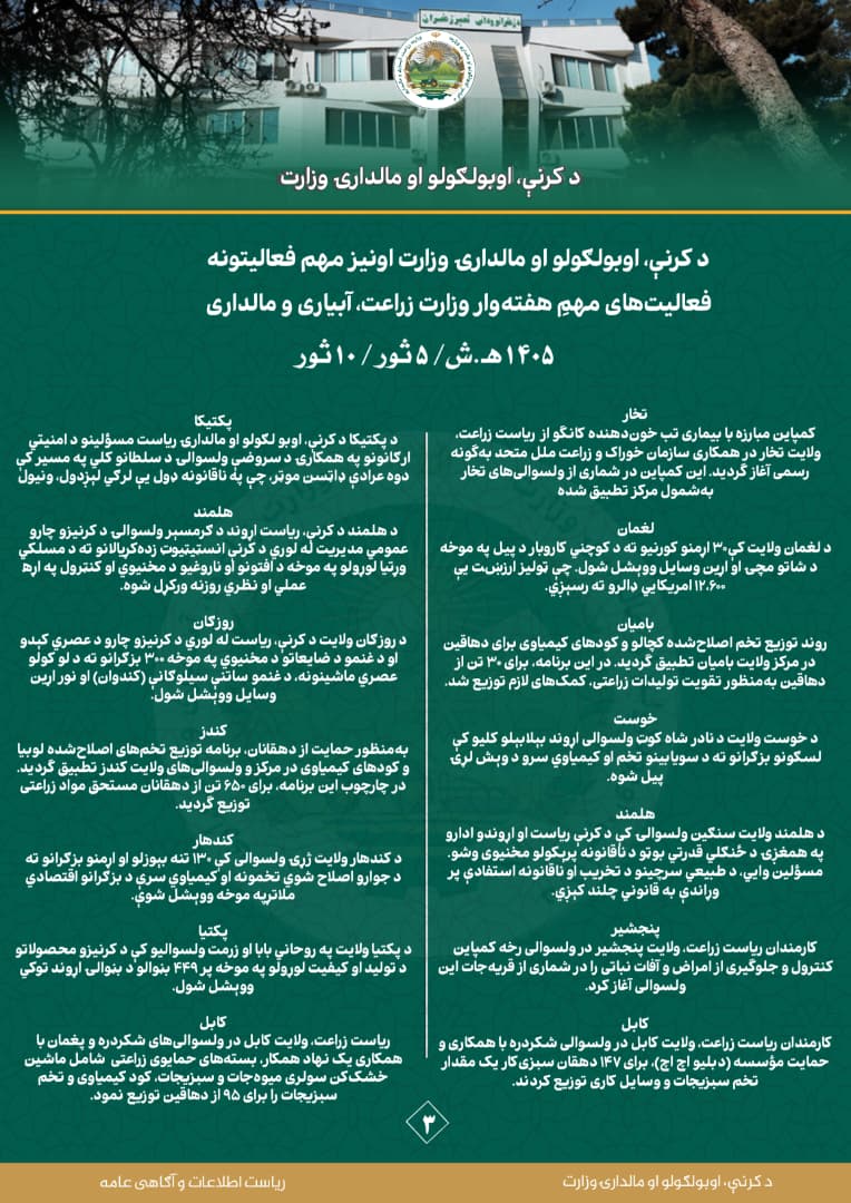  فعالیت‌های مهمِ هفته وار وزارت زراعت، آبیاری و مالداری