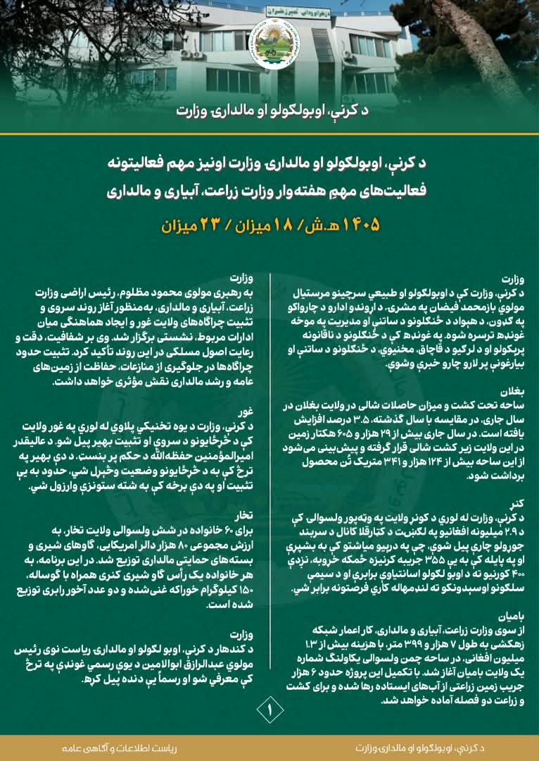  فعالیت‌های مهمِ هفته وار وزارت زراعت، آبیاری و مالداری