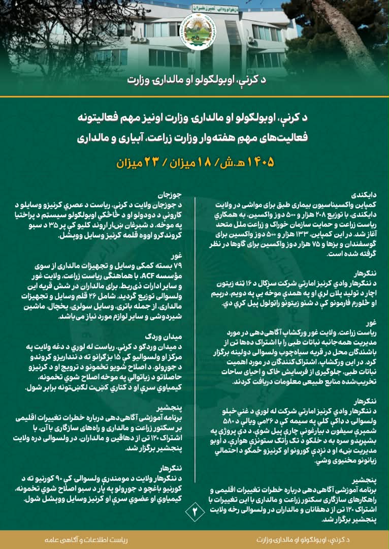  فعالیت‌های مهمِ هفته وار وزارت زراعت، آبیاری و مالداری